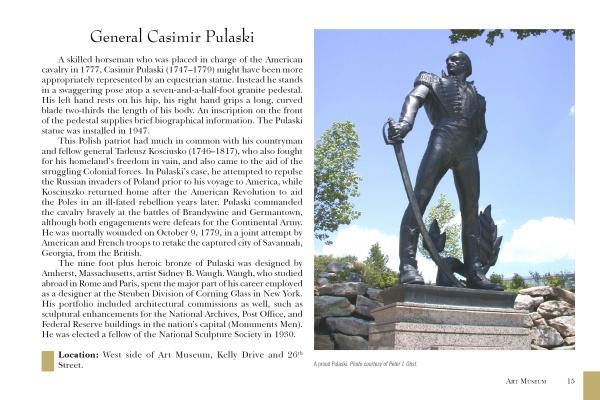 The book "Monuments and Memorials of Philadelphia" by Schiffer Publishing, Ltd. features the bronze statue of General Casimir Pulaski, displayed outdoors on a stone pedestal among trees under the sky in historic Philadelphia.