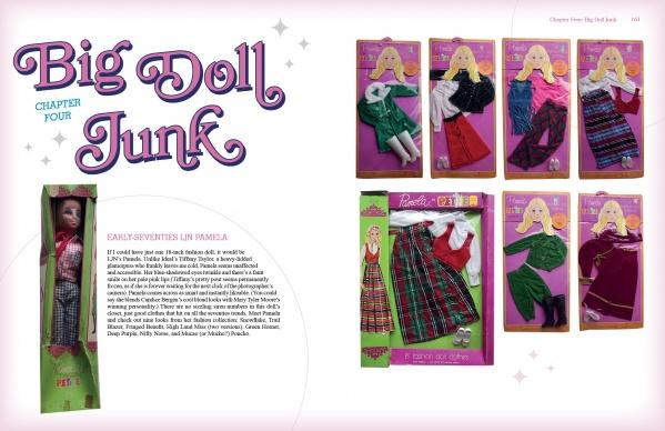 A book spread from Schiffer Publishing, Ltd.'s Doll Junk displays a boxed doll on the left and six 1970s vintage dolls in packaging on the right, with text about early-1970s doll fashion.
