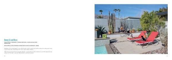 A backyard scene from "Palm Springs Modern Dogs at Home" by Schiffer Publishing, Ltd. showcases modern landscaping, a pool, two red lounge chairs with dogs, tall cacti, and potted plants near a gray fence under a clear sky.