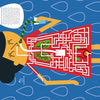 Illustration from Schiffer Publishing, Ltd.’s "The Human Body": a person drinking water through a straw, with body mazes tracing the water’s path and organs—ideal for educational activity books—set on a blue, water droplet background.