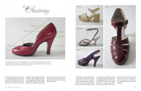 A two-page spread from "The Fashion Shoe" by Schiffer Publishing, Ltd. displays diagrams and photos of vintage women's footwear, with labels highlighting shoe parts and styles like pumps, sandals, and open-toe heels.