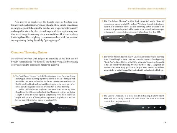 Two pages from "Knife Throwing Like the Pros" by Schiffer Publishing, Ltd. show four black throwing knives with labeled descriptions, plus text detailing their features and brands.