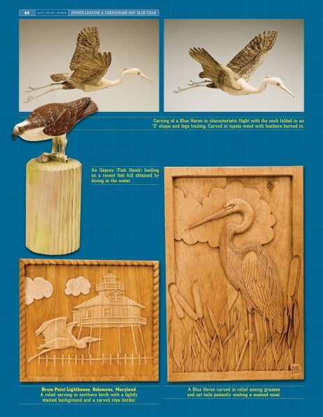 A page showcases woodcarving bird art, like a fish hawk and flying egret, with relief carvings of a lighthouse scene and heron among reeds—all displayed on blue backgrounds beside “Power Carving a Chesapeake Bay Blue Crab” by Schiffer Publishing, Ltd.
