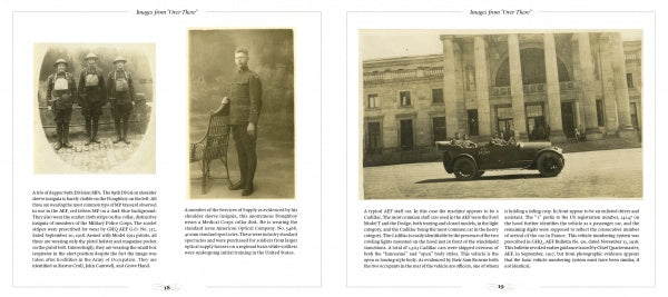 Two open book pages from Images from Over There by Schiffer Publishing, Ltd. show sepia photos: three miners, a man with a bicycle, and WWI American Expeditionary Force soldiers by columns. Each photo has descriptive text.
