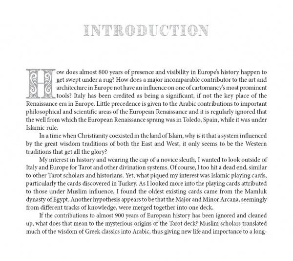 The introduction page of Tarot of the Moors by Schiffer Publishing, Ltd. explores Italy’s overlooked role in bringing Tarot card sets and occult traditions from Islam into Europe, with INTRODUCTION as the prominent heading.