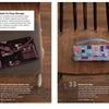 Two wooden chair display cases: the left shows a purple “London” travel-print pouch; the right displays a multicolored zippered case—both from "50 Pouches" by Schiffer Publishing, Ltd. Text and descriptions are visible above and below.