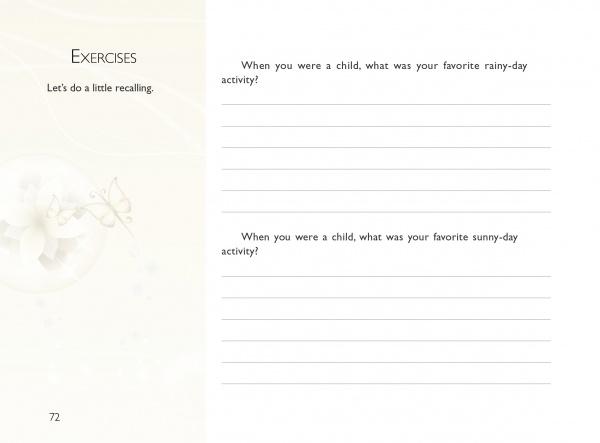 A page from "Inspiring Butterflies" by Schiffer Publishing, Ltd. features two self-discovery prompts: “What was your favorite rainy-day activity as a child?” and “What was your favorite sunny-day activity?” Pale background, page 72.