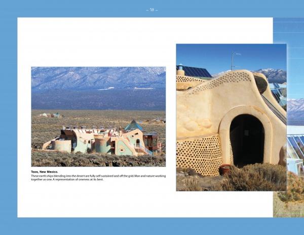 Two images from Schiffer Publishing, Ltd.’s "Spiritual Gardens" showcase an earth-toned sustainable house in Taos, New Mexico, featuring organic forms, solar panels, desert shrubs, and mountain views—perfect for spiritual self-discovery.
