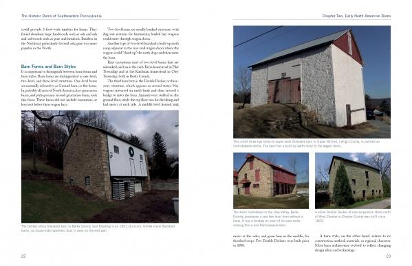 Two pages from "The Historic Barns of Southeastern Pennsylvania" by Schiffer Publishing, Ltd. showcase text on local barn architecture and history, plus five photos of old stone and wooden barns in different styles and farm settings.