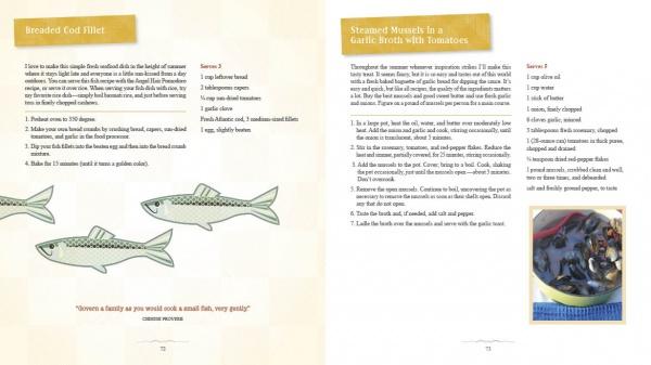 Two cookbook pages from "Meet Me in My Cape Cod Kitchen" by Schiffer Publishing, Ltd. feature seaside recipes: Breaded Cod Fillet with fish art, and Steamed Mussels in Garlic Broth with Tomatoes, plus a photo of mussels in a blue dish.