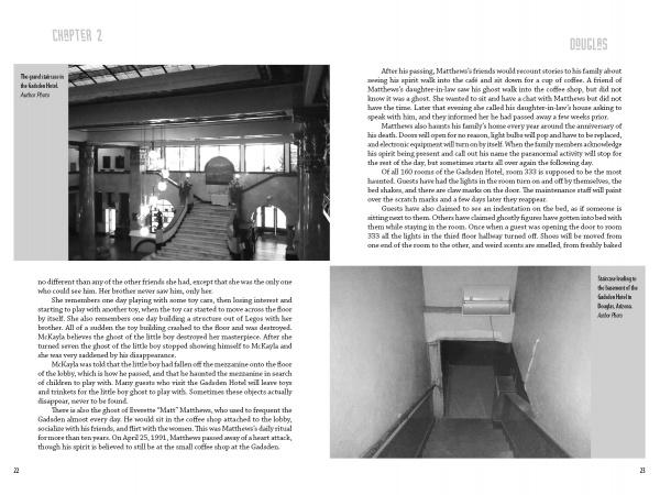 A two-page spread from Schiffer Publishing, Ltd.'s Paranormal Arizona features black-and-white staircase photos—a wide ornate one on the left and a narrow, dim stairway on the right—with visible text and chapter headings, evoking eerie tales.