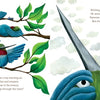 A blue and green bird with a red chest practices flying on tree branches in SOAR by Schiffer Publishing, Ltd. On the right, a close-up shows the worried bird peeking over its wings against clouds, depicting a children’s tale of overcoming fear.