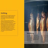 Four whole fish hang in a smoker with visible smoke. The left side displays grilling tips on yellow, while the right shares beginner smoking advice and recipe ideas from The Little Smoker Book by Schiffer Publishing, Ltd.