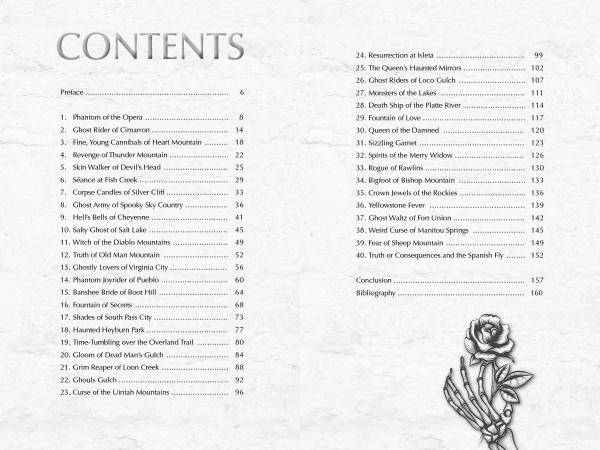Table of contents for "Ghosts, Legends, and Lore of the Rockies" by Schiffer Publishing, Ltd. appears on textured white with a black rose in the corner, listing 40 chapters of haunted historian accounts and Old West ghost stories.