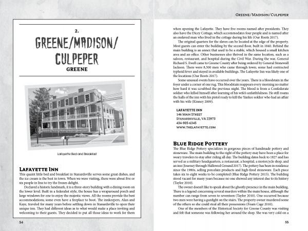A two-page spread from *Haunted Charlottesville and Surrounding Counties* by Schiffer Publishing, Ltd. features a photo and text about Lafayette Inn on the left, with information on Lafayette Inn and Blue Ridge Pottery on the right.