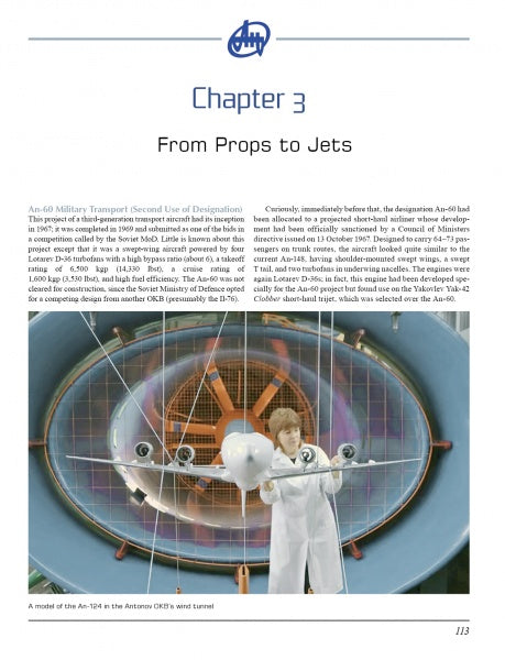 A person in a white lab coat adjusts a large Antonov's Heavy Transports model inside a wind tunnel, with a circular orange and blue device behind. Text above reads “Chapter 3: From Props to Jets.”.