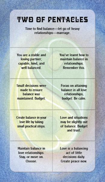 The Two of Pentacles card from My First Relationship Tarot by Schiffer Publishing, Ltd. features a blue and green background, with advice on love, balance, decisions, budgeting, and harmony in concise paragraphs.