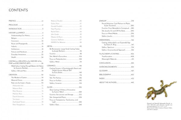 The table of contents lists chapter titles and page numbers. At the bottom right, a jeweled salamander brooch exemplifies casting techniques featured in "Cast" by Schiffer Publishing, Ltd., blending modern craft with art history.