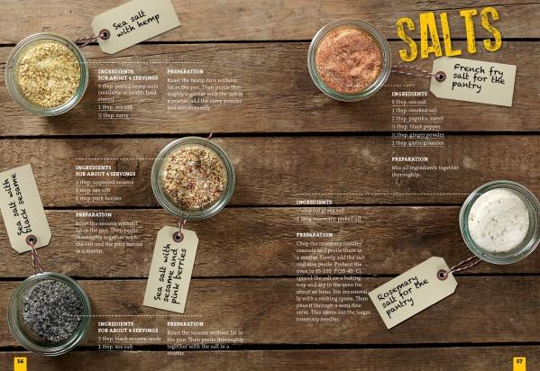 Five jars of flavored salts with handwritten tags are displayed on a wooden surface, ideal for homemade French Fries. Recipes for each blend and the bold yellow word SALTS appear on the right. Product: French Fries by Schiffer Publishing, Ltd.