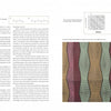 An open spread from Ondulé Textiles by Schiffer Publishing, Ltd. presents weaving instructions and diagrams on the left page, and two weaving charts plus a photo of wavy, multicolored ondulé textiles on the right.