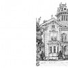 Intricate black and white sketch of a large Victorian-style house with ornate windows, porch, and tower surrounded by trees, inspired by "Victorian Buildings of the American West" from Schiffer Publishing, Ltd., on a blank white background.
