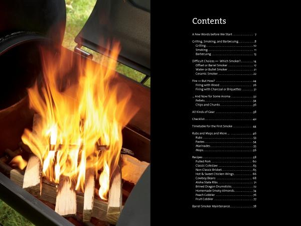 A bright fire burns atop stacked wood in a barbecue smoker, next to a black table of contents for "The Little Smoker Book" by Schiffer Publishing, Ltd.—an ideal guide for beginners and anyone seeking new smoking recipes.