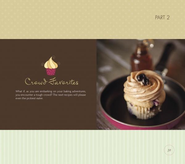 A frosted cupcake with a cherry on top sits in a small pan beside a syrup bottle. On the left, “Crowd Favorites” appears with an ice cream graphic and an intro to creative cupcake baking from Dare to Bake! by Schiffer Publishing, Ltd.