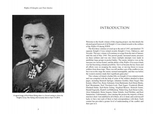 On the left is a black-and-white portrait of a man in a WWII-era Waffen-SS uniform with a Knight’s Cross, from Schiffer Publishing, Ltd.'s "Waffen-SS Knights and Their Battles"; on the right, a page of text titled INTRODUCTION.