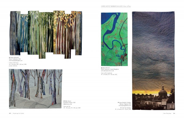 A spread from "New Directions" by Schiffer Publishing, Ltd. features four art quilts: two with abstract tree motifs, one depicting a winding blue river with green land, and another showing a sunset cityscape—demonstrating contemporary quilting creativity.