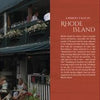 A vibrant two-page spread from Schiffer Publishing, Ltd.'s "101 Things to Do in Rhode Island" features lively street scenes with people, historic buildings, and a restaurant; at right, a photo guide suggests a perfect Rhode Island day itinerary.