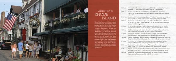 A vibrant two-page spread from Schiffer Publishing, Ltd.'s "101 Things to Do in Rhode Island" features lively street scenes with people, historic buildings, and a restaurant; at right, a photo guide suggests a perfect Rhode Island day itinerary.