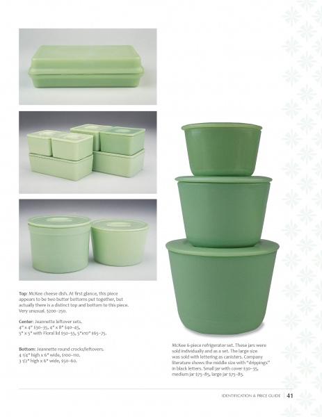 A vintage kitchenware catalog page shows Schiffer Publishing, Ltd.’s Jadite line: pastel green cheese dish, square dishes, round canisters, and stacked fridge jars. Ideal for collectors seeking a Jadite identification and price guide.