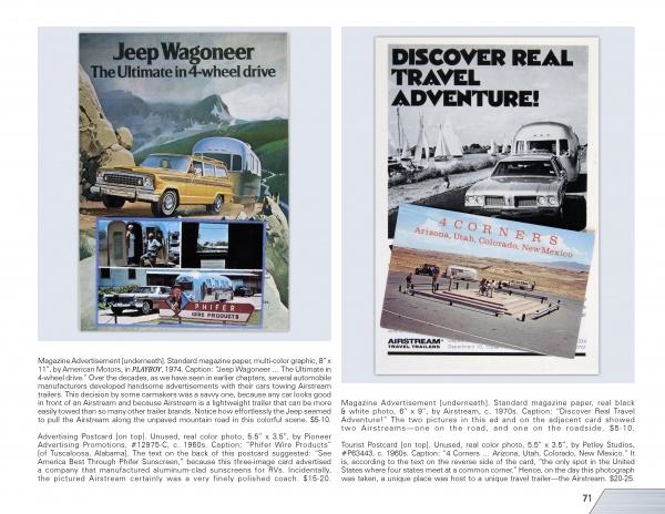 Two vintage ads: one with a Jeep Wagoneer in the mountains, the other with Airstream adventure in the Four Corners—ideal for fans of Airstream history. Featured in "Airstream Memories" by Schiffer Publishing, Ltd.