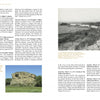 Two pages from "Sitting Bull, Crazy Horse, Gold and Guns" by Schiffer Publishing, Ltd. show text and two black-and-white photos: one of a rocky bluff with open land, and one of a large rock formation in Montana during the Yellowstone Wagon Road Prospecting Expedition.