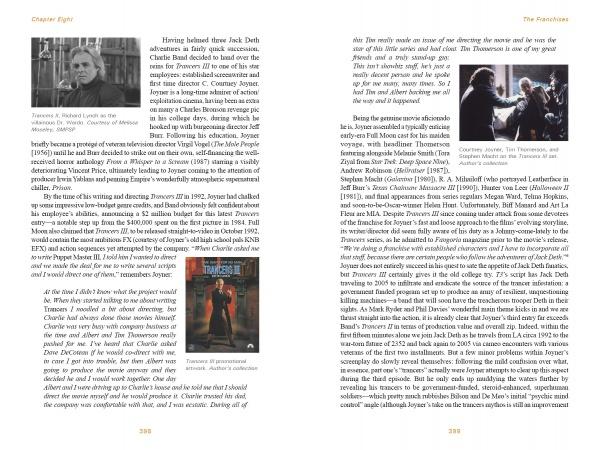 Two book pages from "It Came From the Video Aisle!" (Schiffer Publishing, Ltd.) feature text and three black-and-white stills: a scientist with equipment, a dramatic confrontation, and a movie poster for cult film Trancers.
