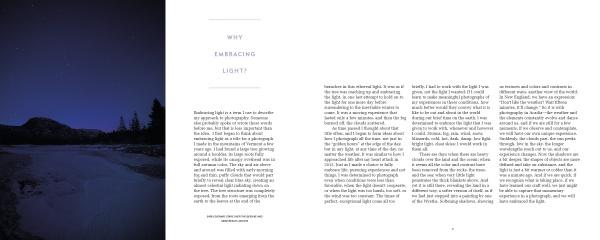 A two-page magazine spread showcases a tranquil night landscape from Acadia National Park on the left, and on the right, an article titled "Embracing Light" by Schiffer Publishing, Ltd. is displayed in black text on a white background.