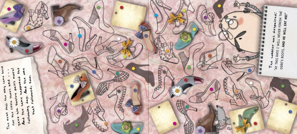 A playful scene from "Shoes, Little Shoes, Big Shoes" by Schiffer Publishing, Ltd., with colorful women's shoes, dotted lines, sticky notes, and a cartoon detective—resembling a lively children's activity or personalized book.