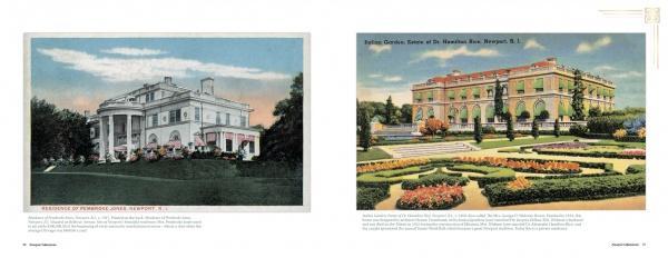 Two vintage Newport Mansions postcards from Schiffer Publishing, Ltd.: one shows the columned “Residence of Mrs. Paran Stevens, Newport, R.I.”; the other depicts a grand mansion with ornate villa and formal Italian gardens.