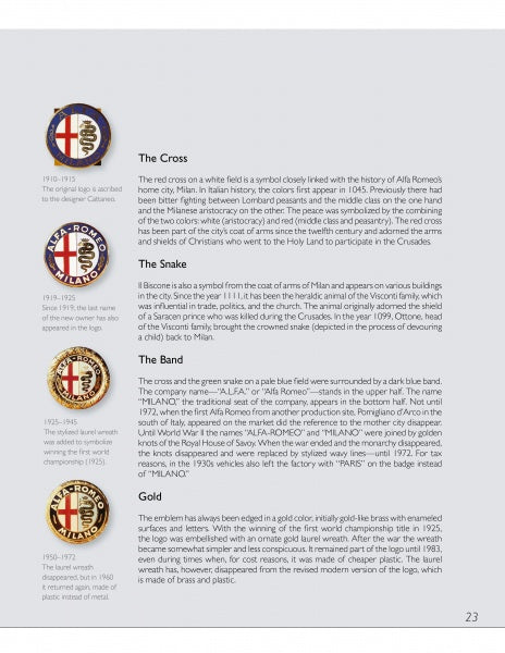 Page 23 of *Alfa Romeo: A Century of Innovation* (Schiffer Publishing, Ltd.) displays five Alfa Romeo emblems (1910–1950) with descriptions and text detailing their meanings and the brand's storied automotive history.