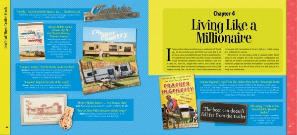 A vibrant magazine spread titled Don't Call Them Trailer Trash by Schiffer Publishing, Ltd. showcases photos of trailer homes, books on mobile home living, retro signs, and bold yellow-blue backgrounds with quotes on trailer park culture.