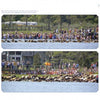 Crowds on shore and boardwalks watch as a large herd of Chincoteague Ponies, featured by Schiffer Publishing, Ltd., swims across the water from Assateague Island, with green trees and buildings behind them.