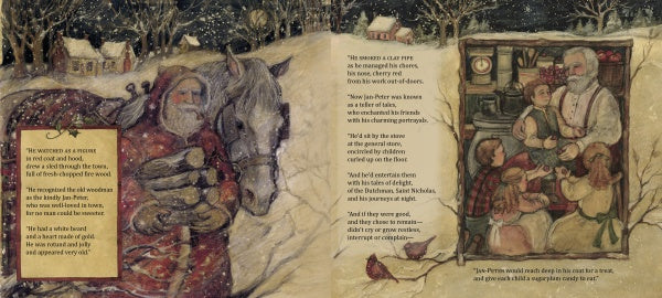 An illustrated storybook spread from Schiffer Publishing, Ltd.’s "The Visit" evokes "The Night Before Christmas," depicting Santa and a horse in a snowy forest and an elderly man sharing the classic poem by the fireside for a festive scene.