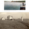 A vintage photo from "Massachusetts Lighthouses" by Schiffer Publishing, Ltd. shows a man by the water near lighthouse buildings, plus a black-and-white image of a house and small lighthouse on a grassy hillside.
