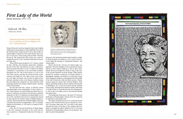 A book spread from "OURstory Quilts" by Schiffer Publishing, Ltd. features an article on Eleanor Roosevelt titled “First Lady of the World,” showing her black-and-white portrait over text bordered by a vibrant art quilt–inspired frame.