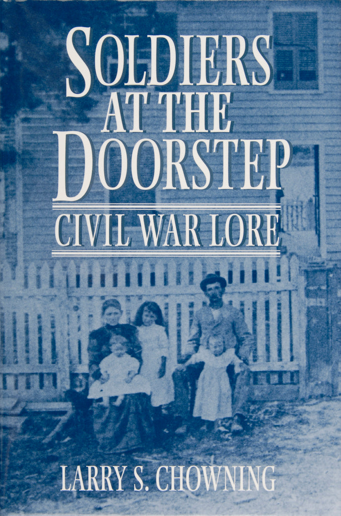 Book cover for SOLDIERS AT THE DOORSTEP by Schiffer Publishing features a sepia photo of women and children before a white picket fence and house, reflecting tidewater Virginia Civil War history.