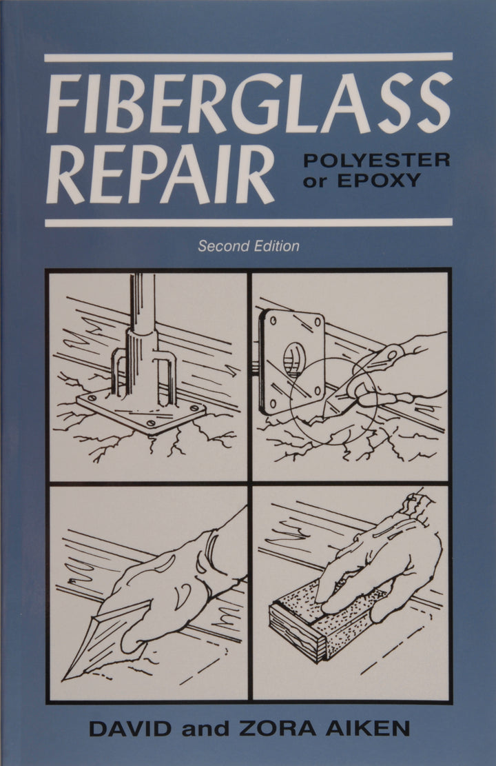 Book cover of "Fiberglass Repair" by Schiffer Publishing, Ltd. shows four black-and-white illustrations of fiberglass boat repair steps such as drilling, sanding, and using epoxy resin.