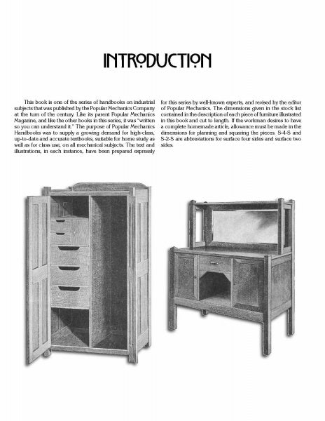 A black-and-white page from "Mission Furniture" by Schiffer Publishing, Ltd. shows the INTRODUCTION heading, images of a wardrobe with open doors (left), a desk with hutch and mirror (right), and explanatory text above and between them.
