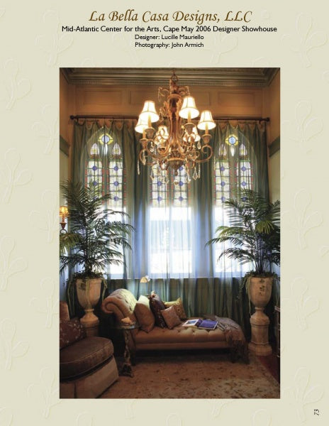 Showhouse Review by Schiffer Publishing, Ltd. features elegant living rooms with stained glass windows, chandeliers, vintage chaise lounges, artwork, and lush plants—spaces often highlighted in decorator showhouses and designer showcases. Credits above.