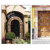 Two photos from San Miguel's Mexican Interiors by Schiffer Publishing, Ltd.: the left shows a wooden door with a stone arch and plants; the right, a multi-paneled door with black iron straps in pink cantera and yellow walls. Text accompanies each image.