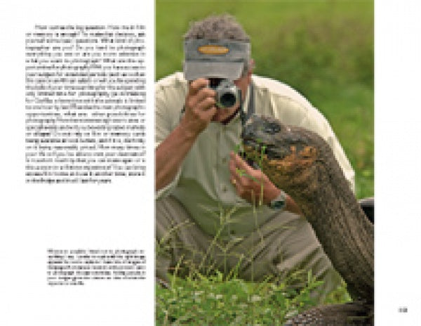 A person crouches in grass, photographing a tortoise eating vegetation. The outdoor scene showcases natural beauty, with text on the left side and features "The Traveling Nature Photographer" by Schiffer Publishing, Ltd.